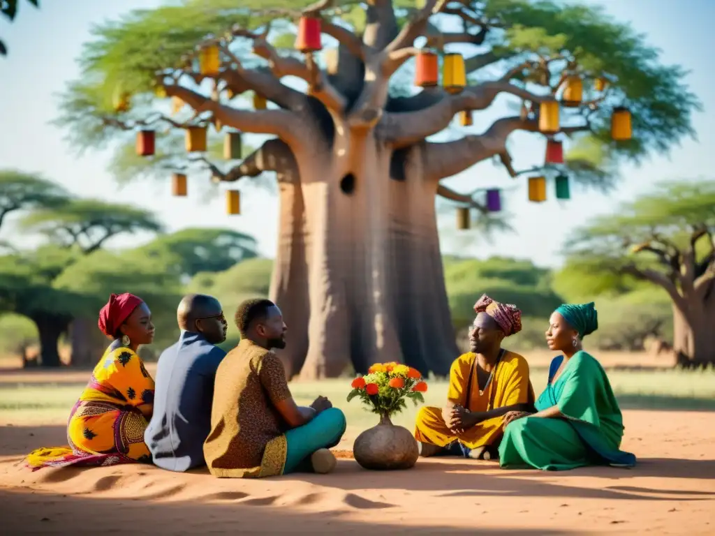 Grupo de poetas Yoruba reflexionando bajo un baobab, llenos de tradición y color