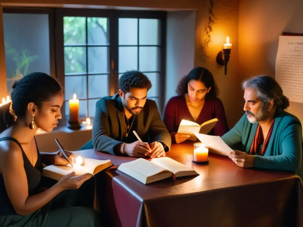 Grupo Poético de 1917 reúne a poetas españoles en apasionado debate, iluminados por la cálida luz de las velas, buscando la renovación poesía española