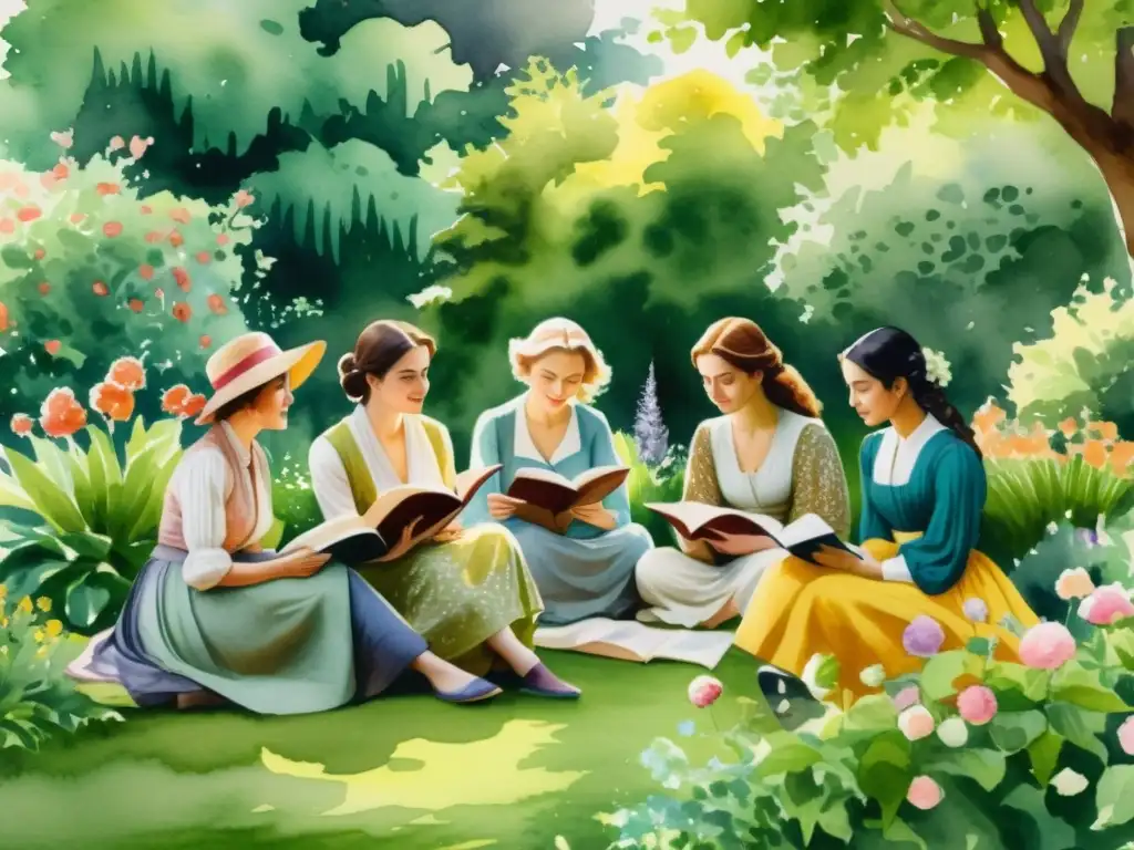 Un grupo de poetisas de diferentes épocas se reúnen en un jardín soleado, compartiendo su pasión por la literatura