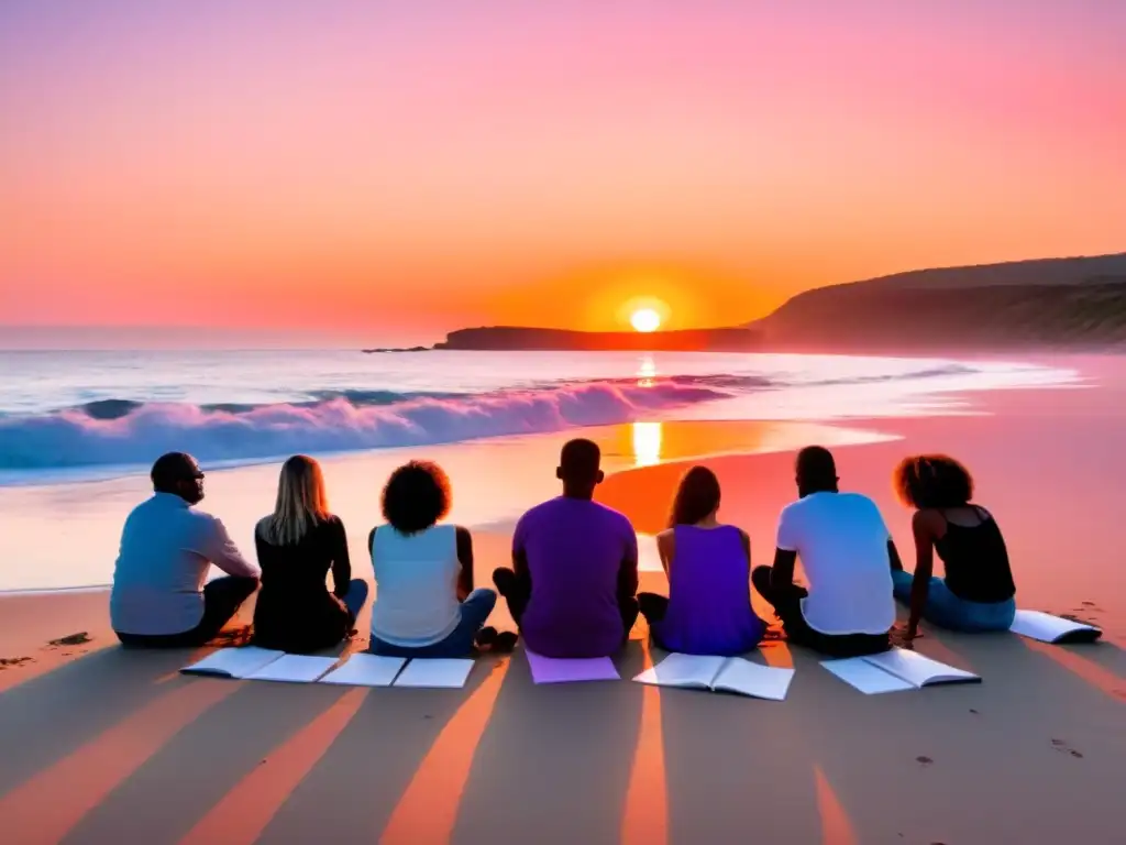 Un grupo disfruta de un taller de escritura poética en la playa al atardecer, con cuadernos y plumas esparcidos