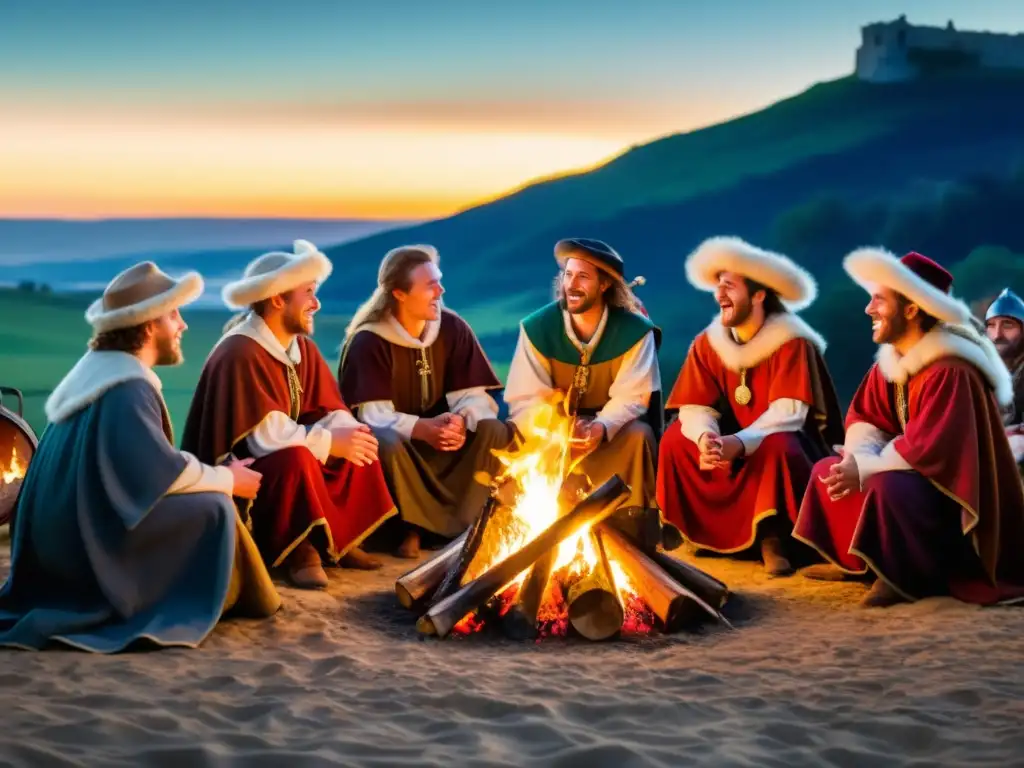 Trasfondo medieval: troubadours junto al fuego Un grupo de trovadores medievales recita poesía épica alrededor de una fogata, iluminados por el cálido resplandor de las llamas