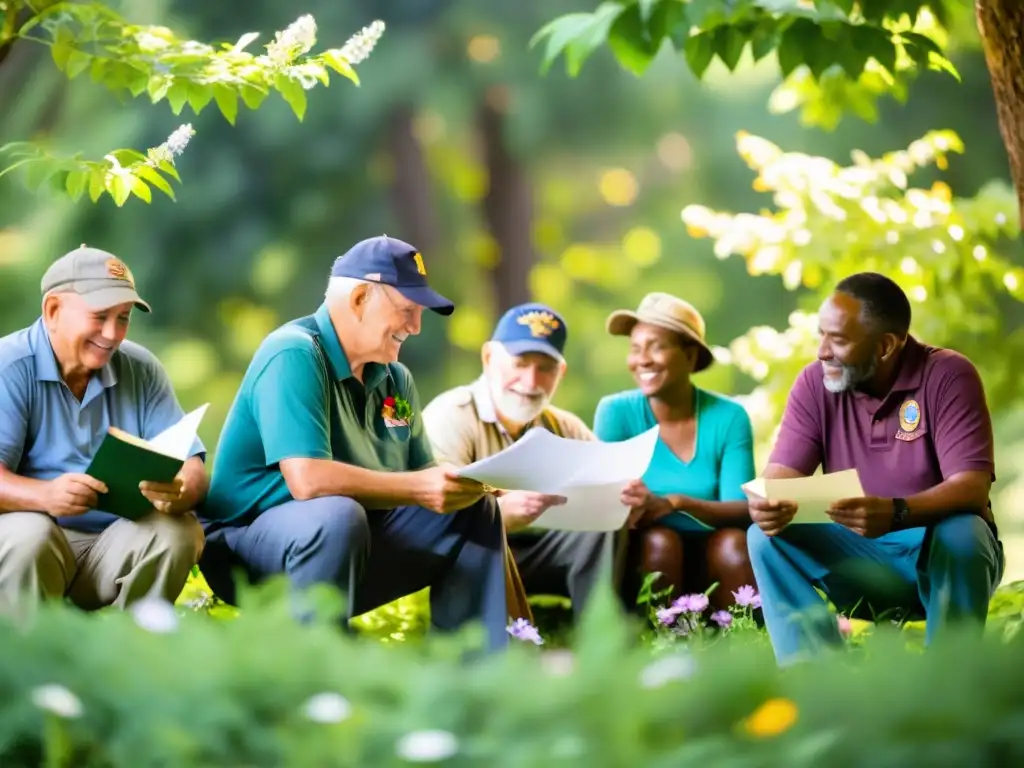 Grupo de veteranos de guerra escribiendo poesía entre árboles y flores, mostrando la poesía como terapia para veteranos de guerra