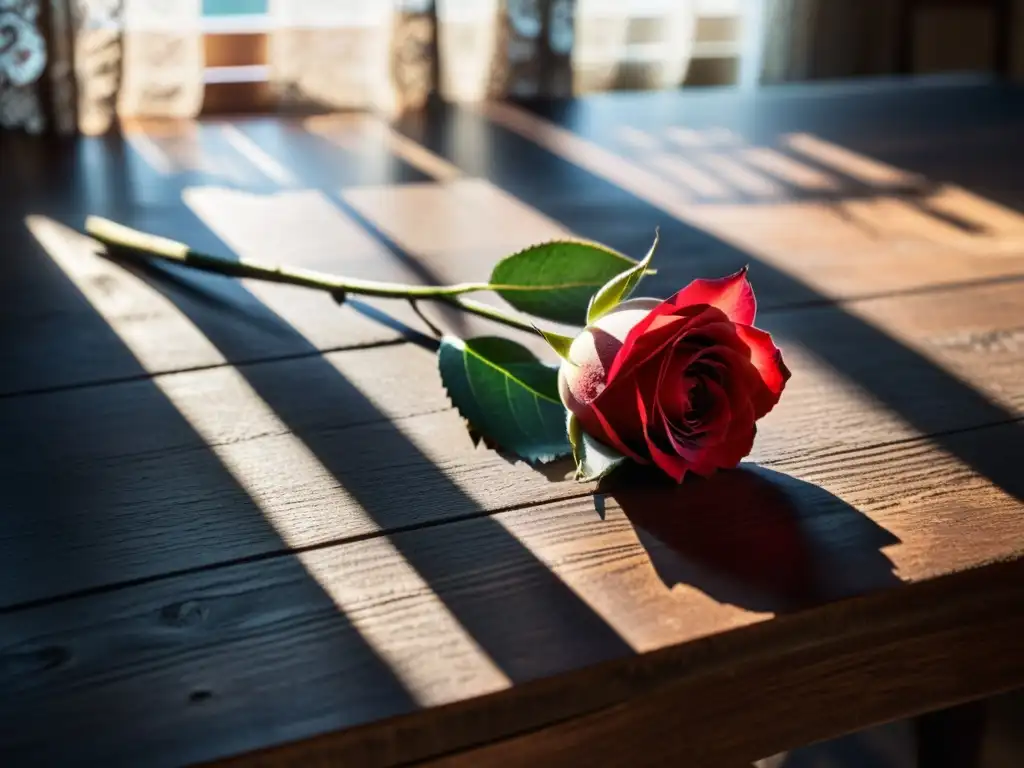 Una habitación tenue con una rosa roja sobre una mesa de madera envejecida