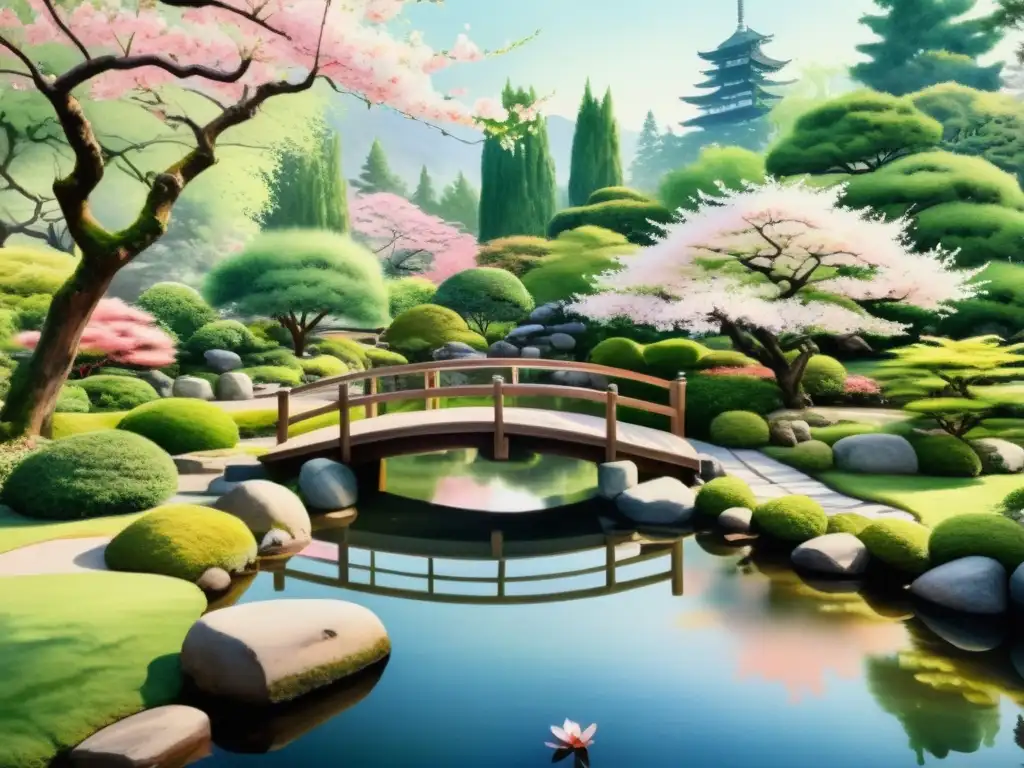 Haiku como expresión poética: Pintura acuarela de un apacible jardín japonés con cerezos en flor, estanque y puente de madera