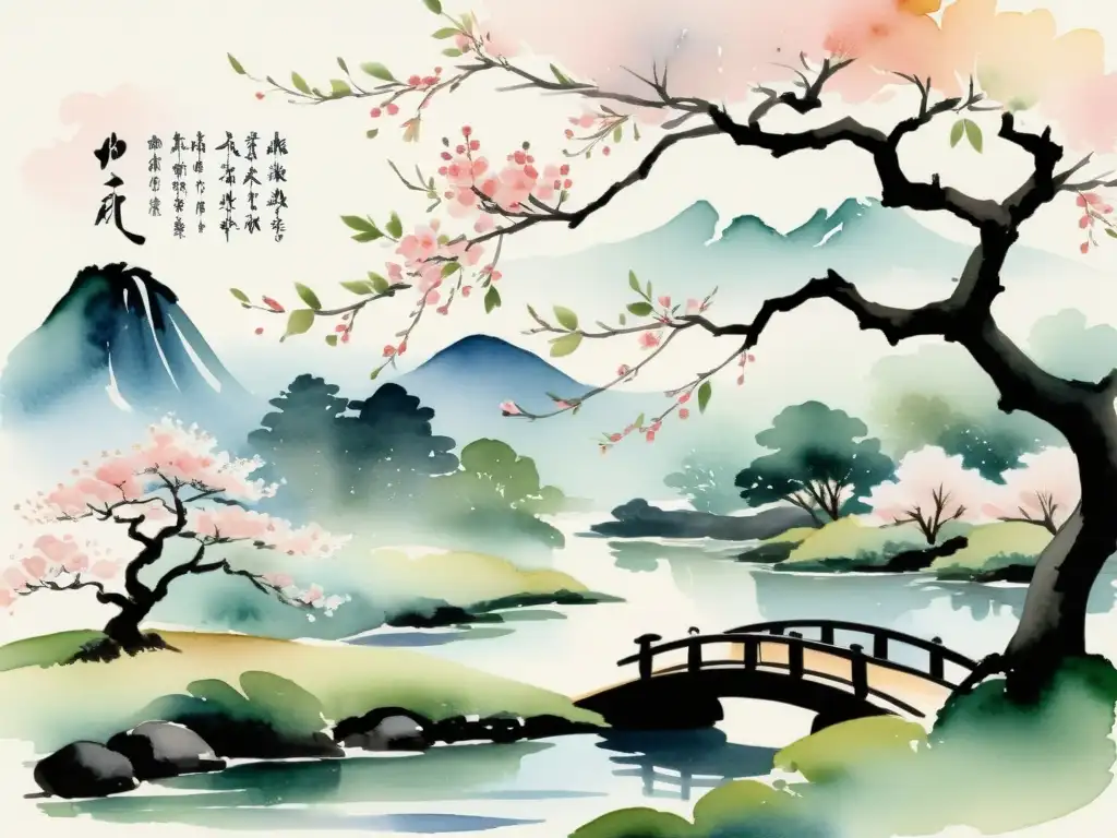 Haiku japonés en acuarela con paisaje sereno y simetría en el verso poético