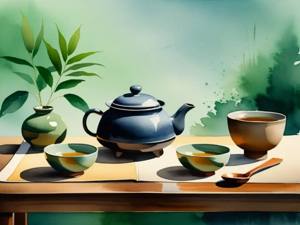 Una hermosa acuarela de una ceremonia de té japonesa, con una composición minimalista y precisa que captura la belleza simple y precisa del ritual