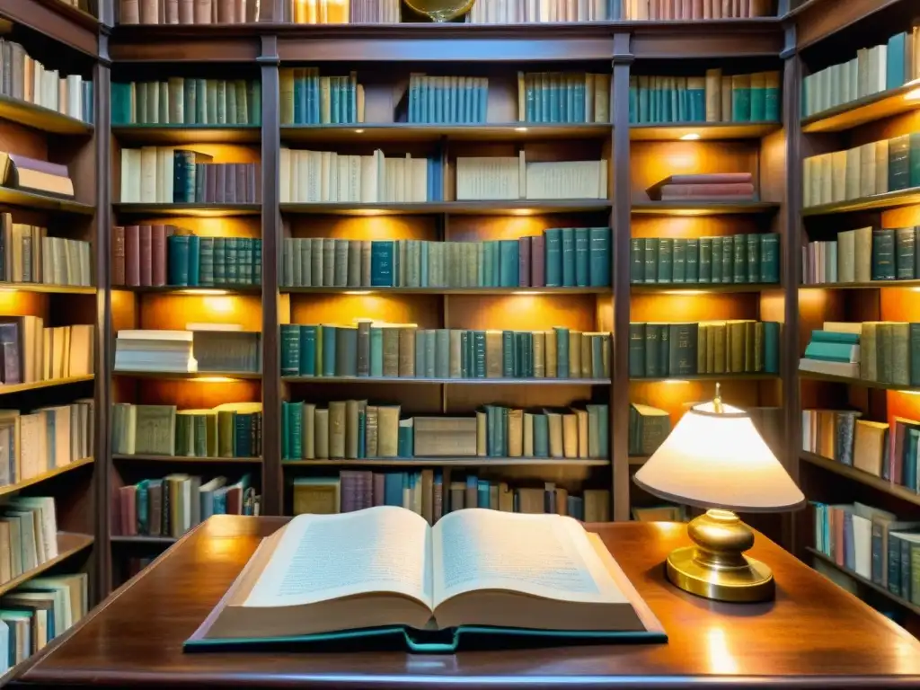 Una hermosa acuarela de una librería antigua con libros raros de poesía, iluminada por lámparas de latón vintage