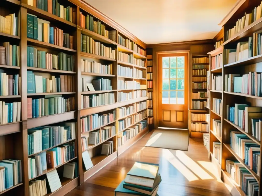 Una hermosa acuarela de una librería vintage con estanterías llenas de raros libros de poesía de primera edición