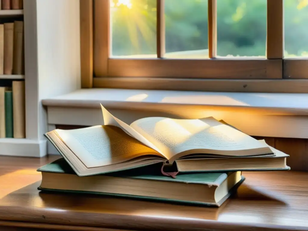 Una hermosa acuarela de libros antiguos en una mesa de madera, bañada por la luz del sol