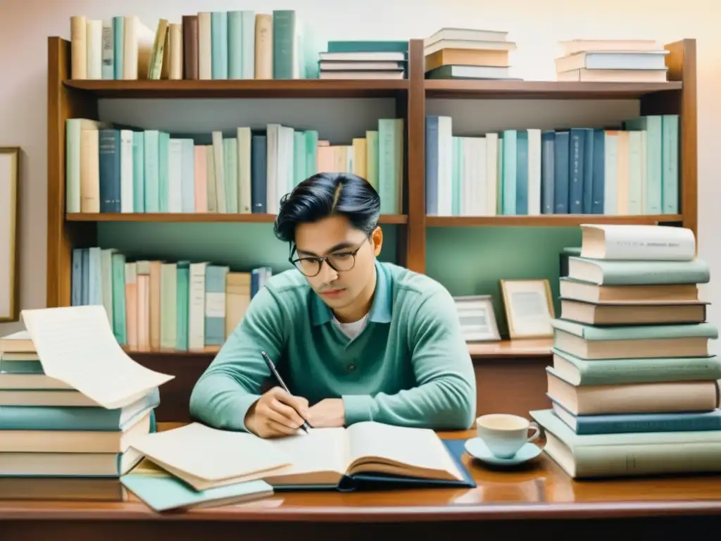 Una hermosa acuarela de un poeta escribiendo en su escritorio, rodeado de libros y papeles, con una expresión reflexiva