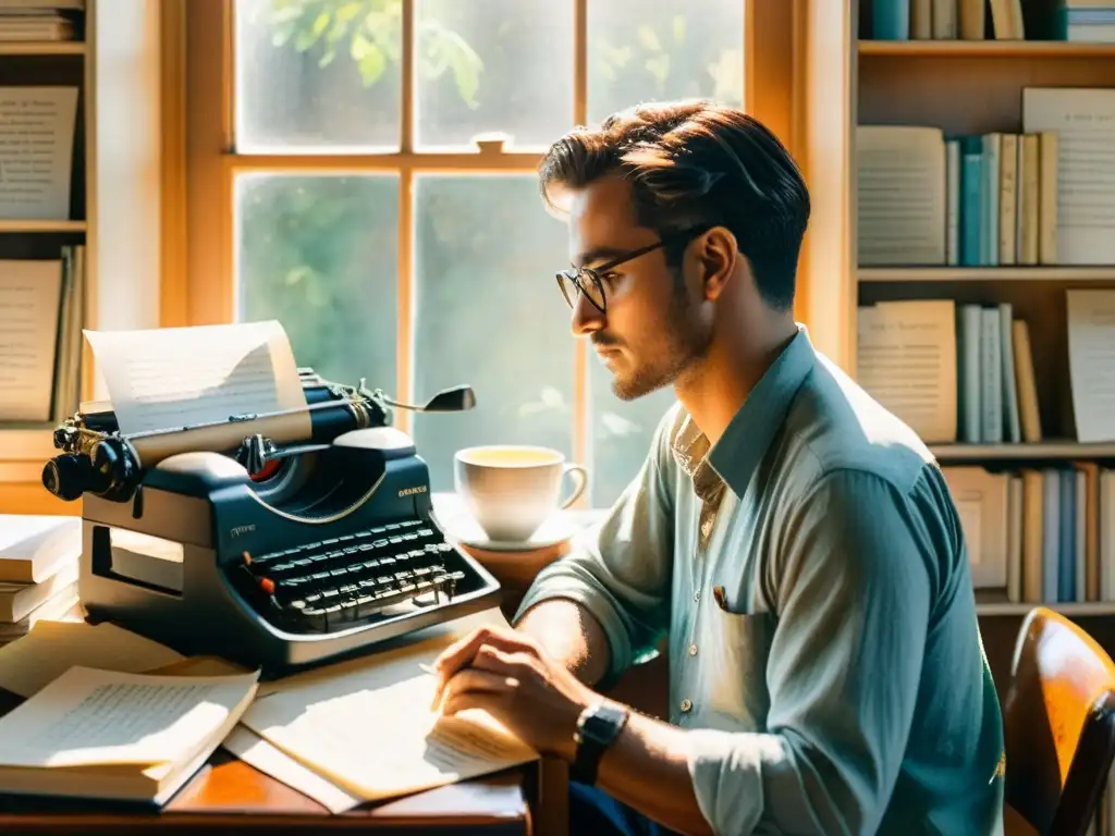 Una hermosa acuarela de un poeta rodeado de poesía escrita a mano, una máquina de escribir vintage y una taza de té