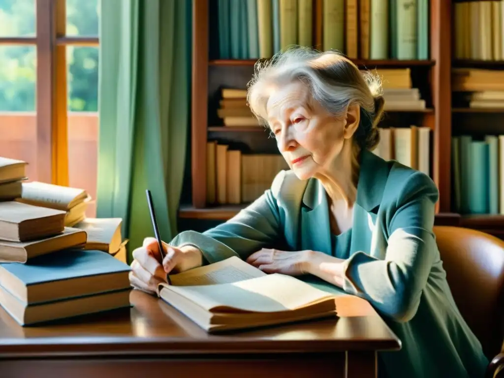 Una hermosa acuarela de Wisława Szymborska, poesía polaca contemporánea mirada irónica, rodeada de libros y papeles, con una expresión serena