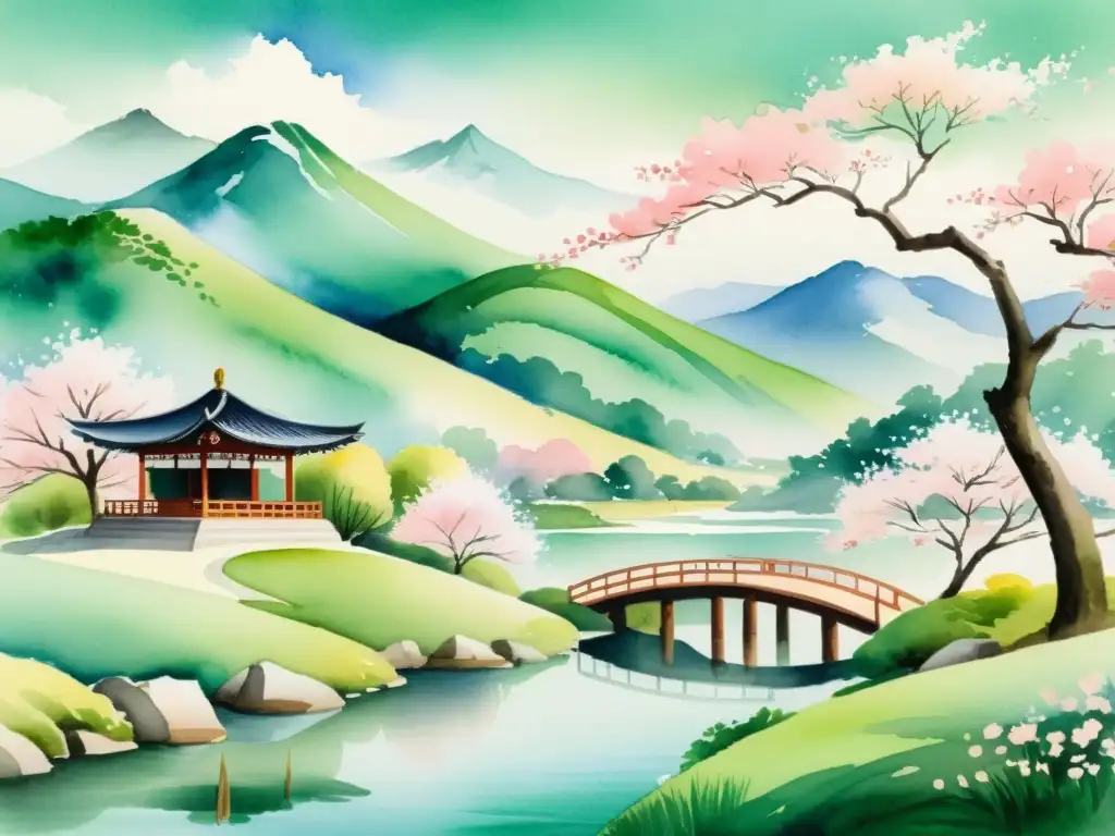 Una hermosa ilustración acuarela de un apacible paisaje coreano con colinas verdes, un río sereno y un pabellón tradicional entre árboles de cerezo