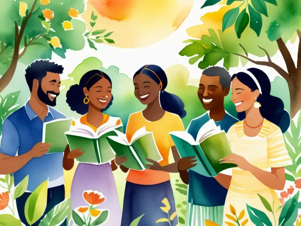 Un hermosa ilustración acuarela muestra un grupo diverso de personas de distintas culturas, compartiendo y leyendo poesía en un jardín vibrante, simbolizando la belleza y universalidad de la poesía