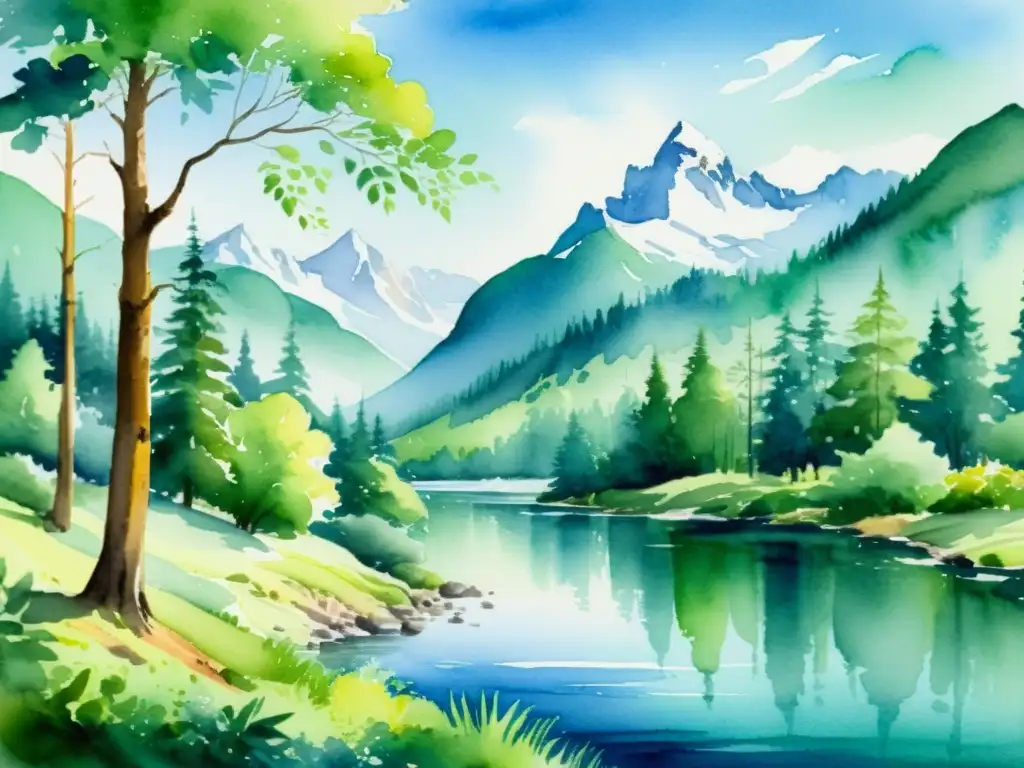 Una hermosa pintura acuarela que muestra un apacible paisaje de bosque con un río tranquilo