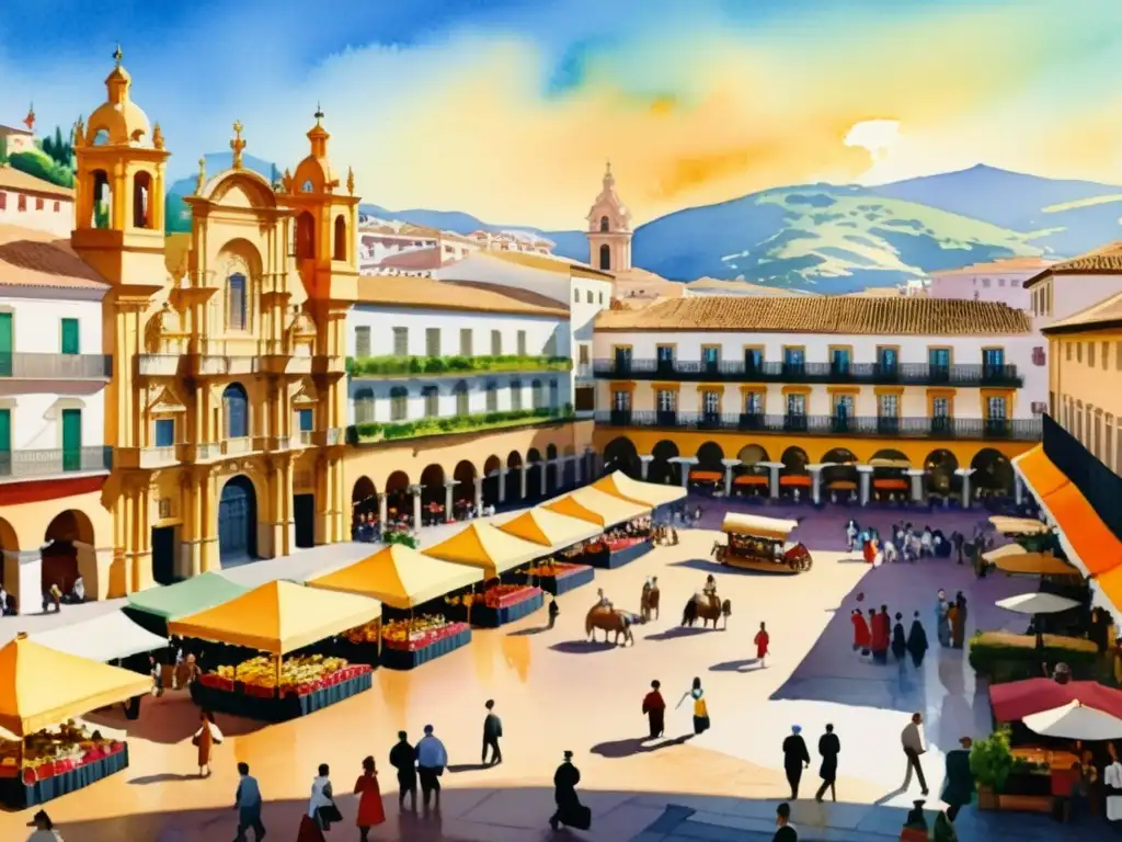 Una hermosa pintura acuarela de una bulliciosa plaza española durante el Siglo de Oro, con detalles elegantes y cálida luz solar