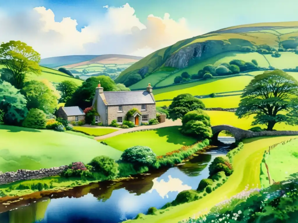 Una hermosa pintura acuarela del campo irlandés, con colinas verdes, un arroyo tranquilo y una casa de piedra