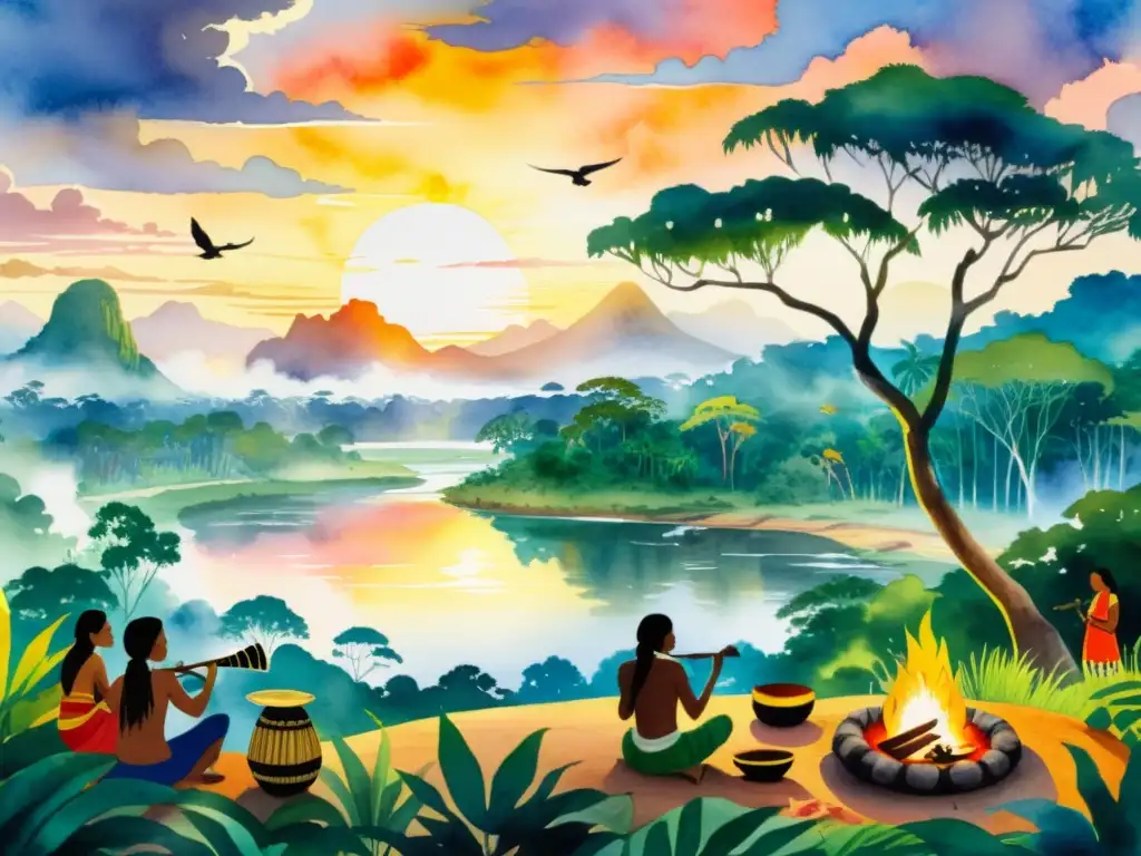 Una hermosa pintura acuarela de la exuberante selva amazónica con tribu indígena, aves coloridas y un atardecer majestuoso