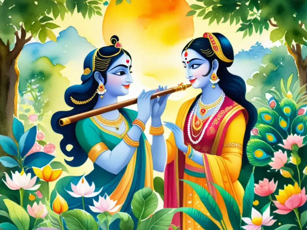 Una hermosa pintura acuarela de Radha y Krishna en un exuberante jardín, con poesía sánscrita y amor divino de Gita Govinda