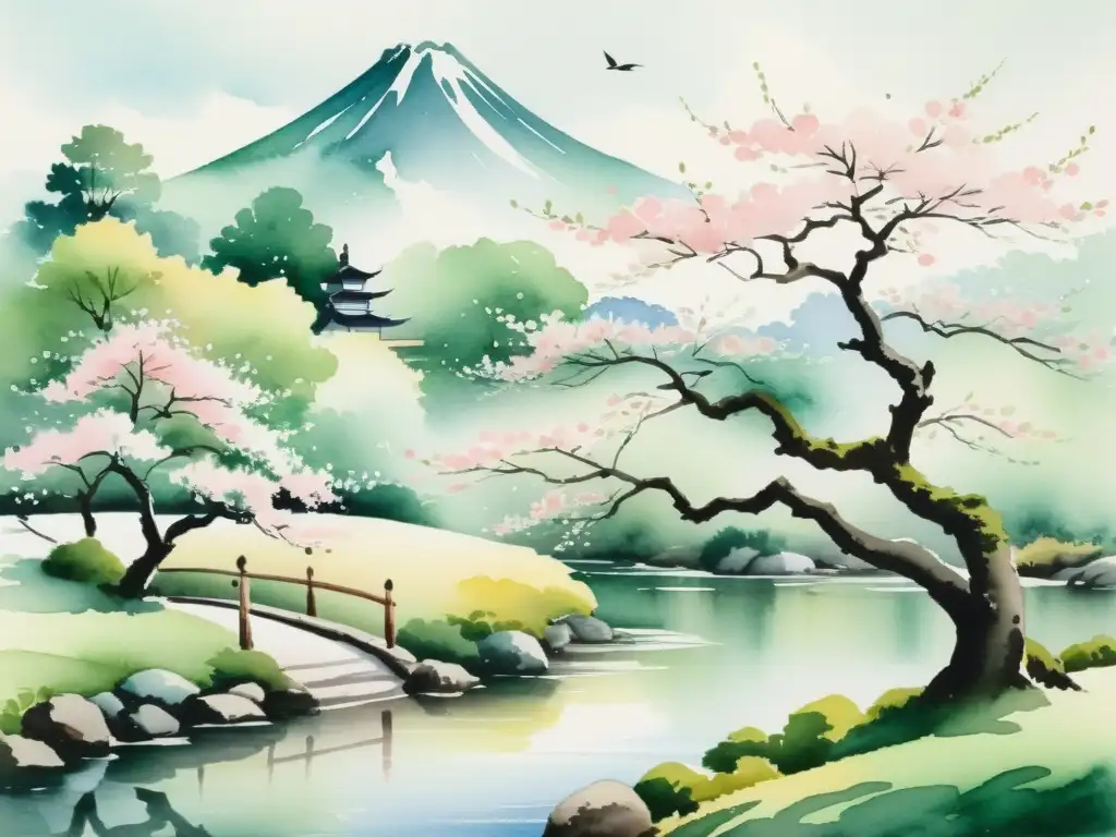 Una hermosa pintura acuarela de un haiku japonés tradicional, con un cerezo en flor en un jardín sereno