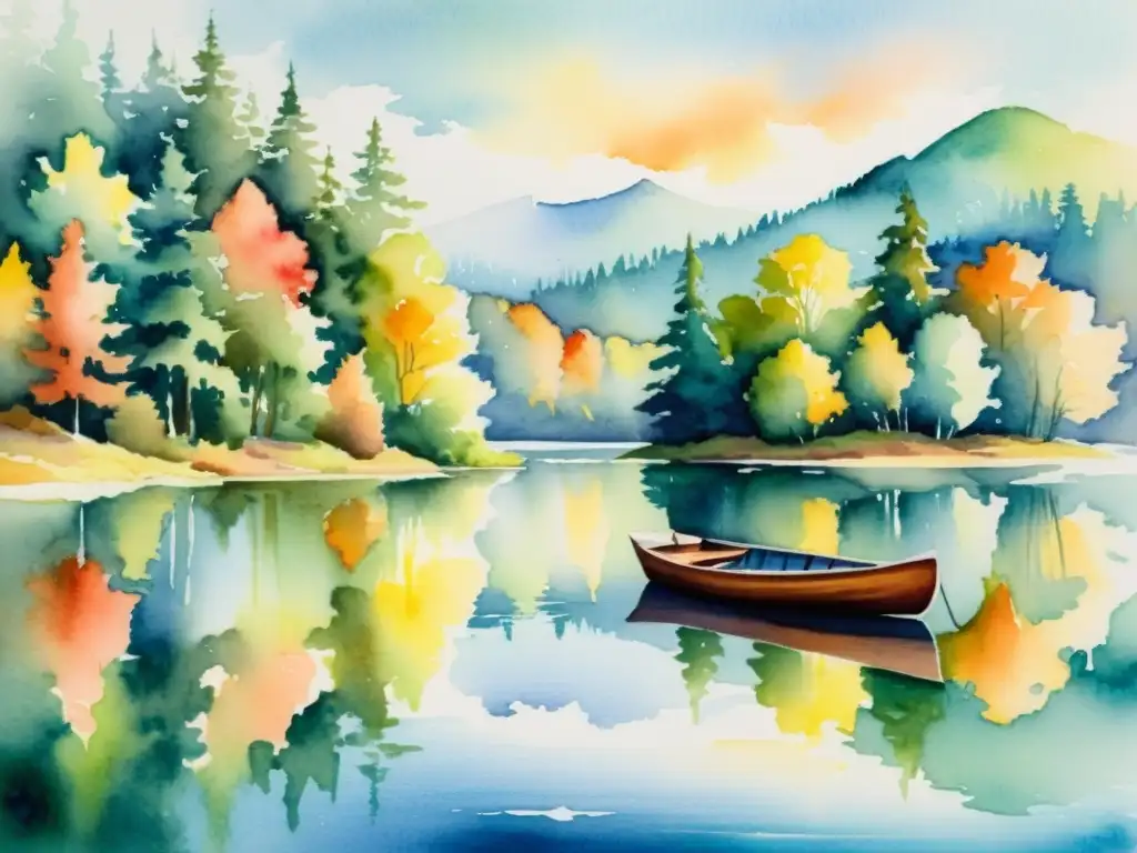 Una hermosa pintura acuarela de un lago tranquilo reflejando los vibrantes colores de un bosque otoñal