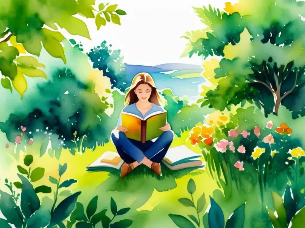 Una hermosa pintura en acuarela de una persona leyendo poesía en un jardín tranquilo rodeado de flores vibrantes y exuberante vegetación