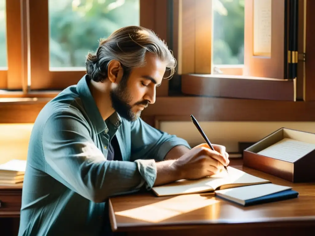 Una hermosa pintura acuarela de un poeta escribiendo con elegancia y estilo en su escritorio, rodeado de libretas y plumas