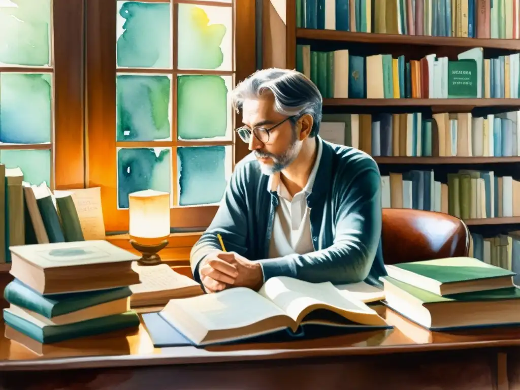 Una hermosa pintura acuarela de un poeta rodeado de libros y papel, iluminado por la suave luz natural