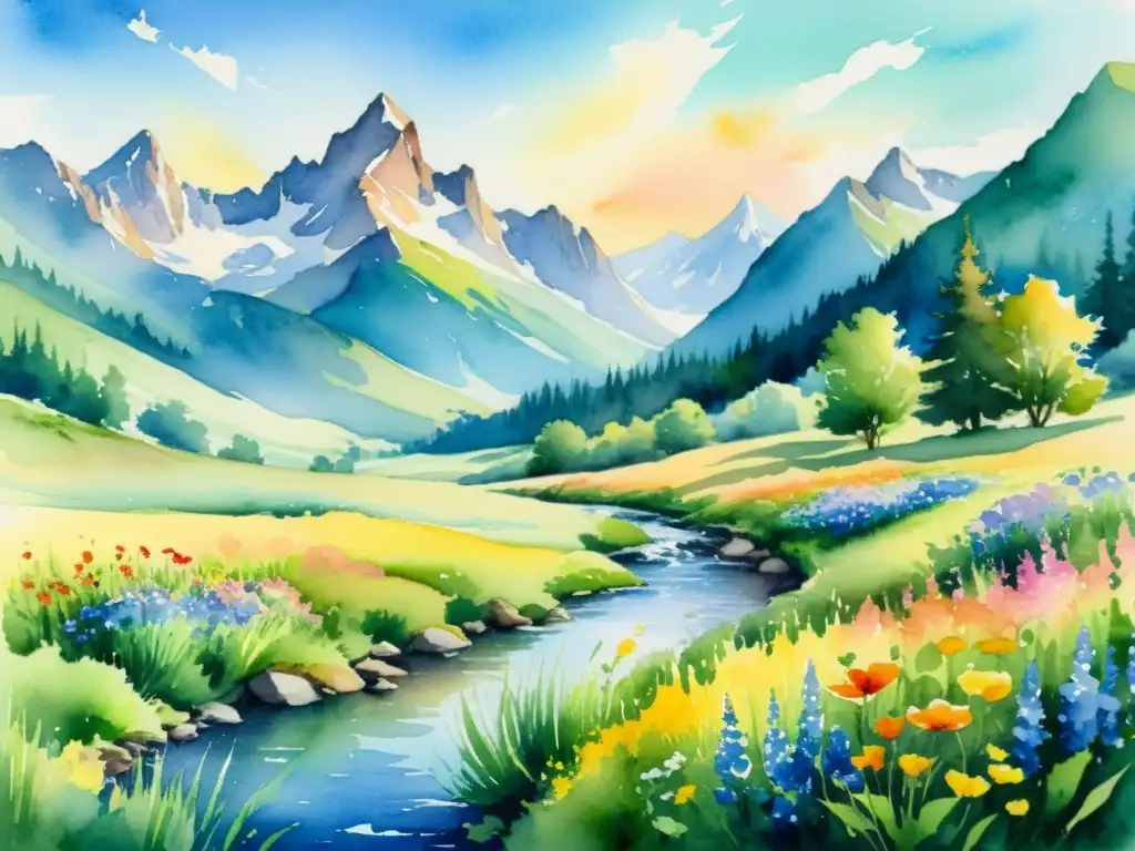 Una hermosa pintura acuarela de un prado sereno con flores silvestres y un arroyo