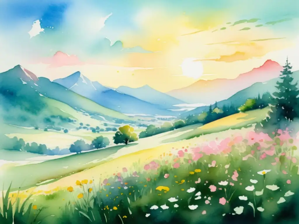 Una hermosa pintura acuarela de un prado sereno y soleado, donde flores silvestres ondean suavemente