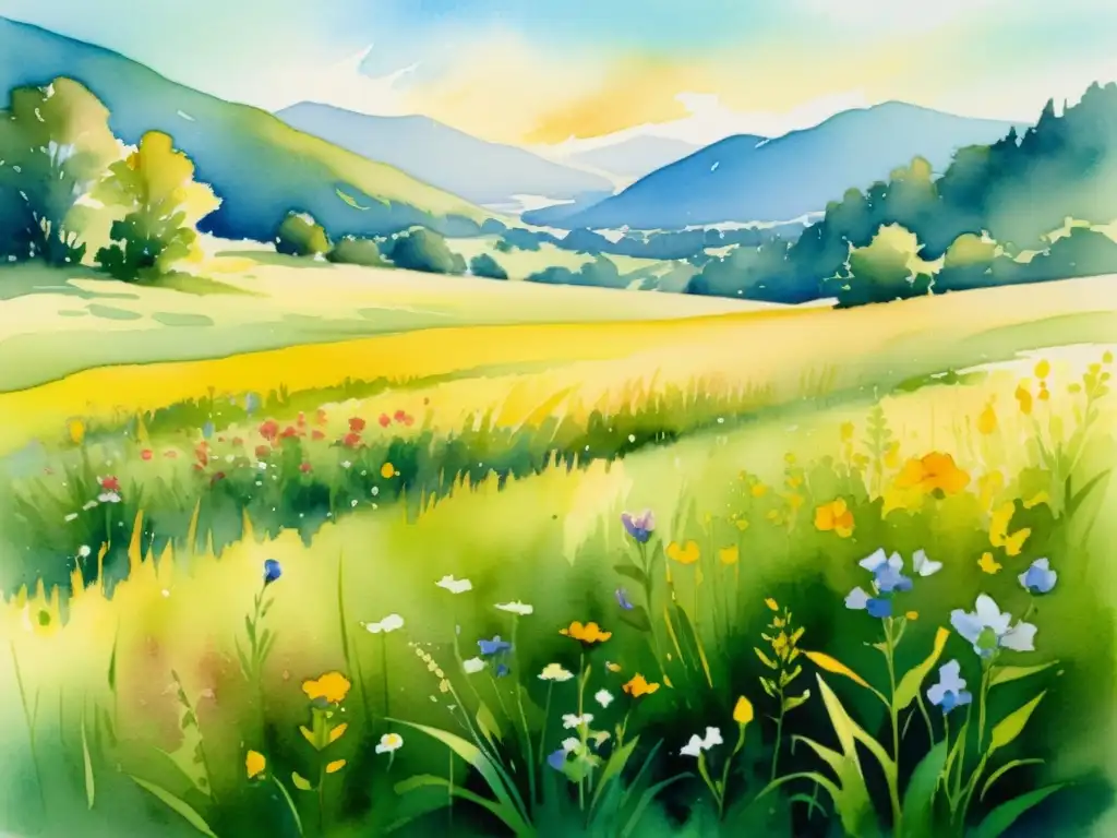 Una hermosa pintura acuarela de un prado soleado con flores silvestres