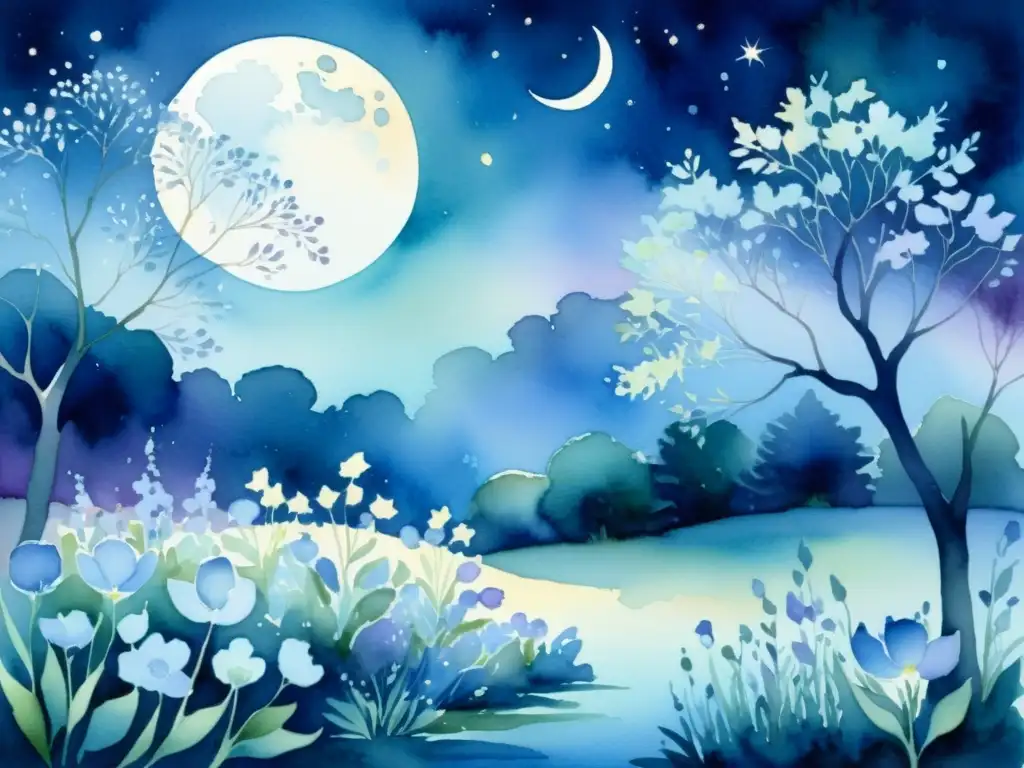 Una hermosa pintura en acuarela de un sereno jardín iluminado por la luna, con flores en tonos de azul, púrpura y plata