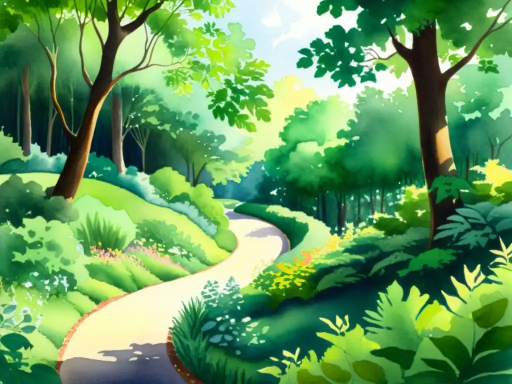 Una hermosa pintura acuarela de un sereno sendero a través de un exuberante bosque, con luz solar filtrándose a través del dosel