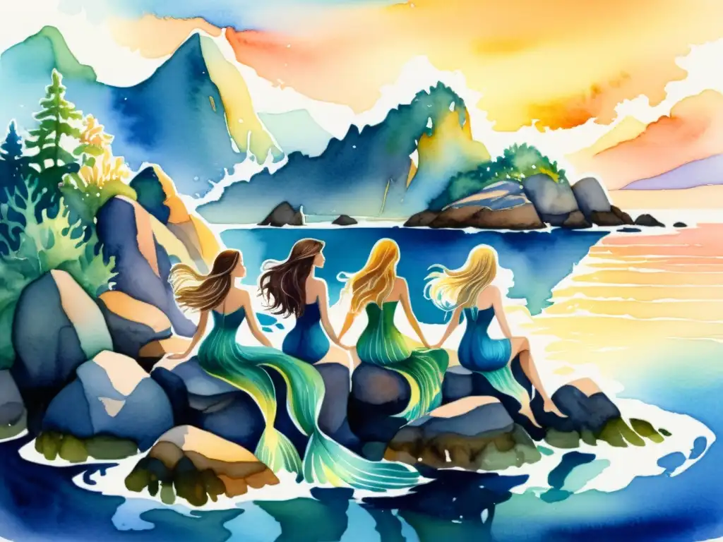 Hermosa pintura acuarela de sirenas en rocas con un aura mística y una puesta de sol, evocando la mitología y poesía en la cultura