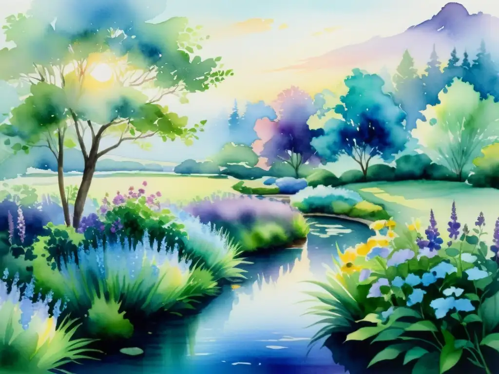 Hermosa pintura acuarela de un jardín tranquilo, con colores vibrantes y flores delicadas