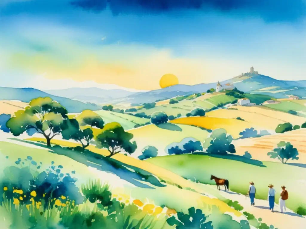 Una hermosa pintura acuarela de un tranquilo campo español, inspirando poesía en la pintura del Siglo de Oro