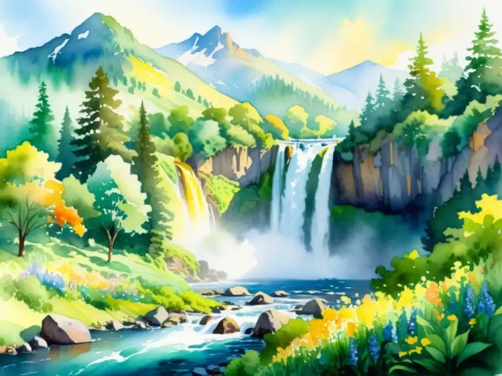 Una hermosa pintura acuarela de un vibrante paisaje etéreo con cascada rodeada de exuberante vegetación