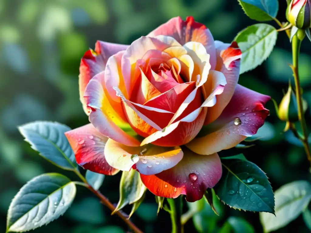 Una hermosa pintura acuarela de una rosa roja vibrante con gotas de rocío, intensidad de la poesía iberoamericana