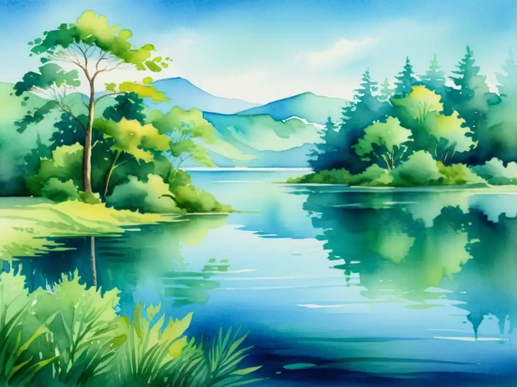 Una hermosa pintura al agua de un lago sereno rodeado de exuberante vegetación