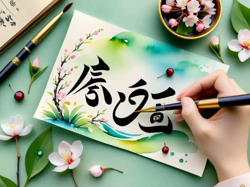 Una hermosa pintura al agua con un pincel de caligrafía oriental sobre papel