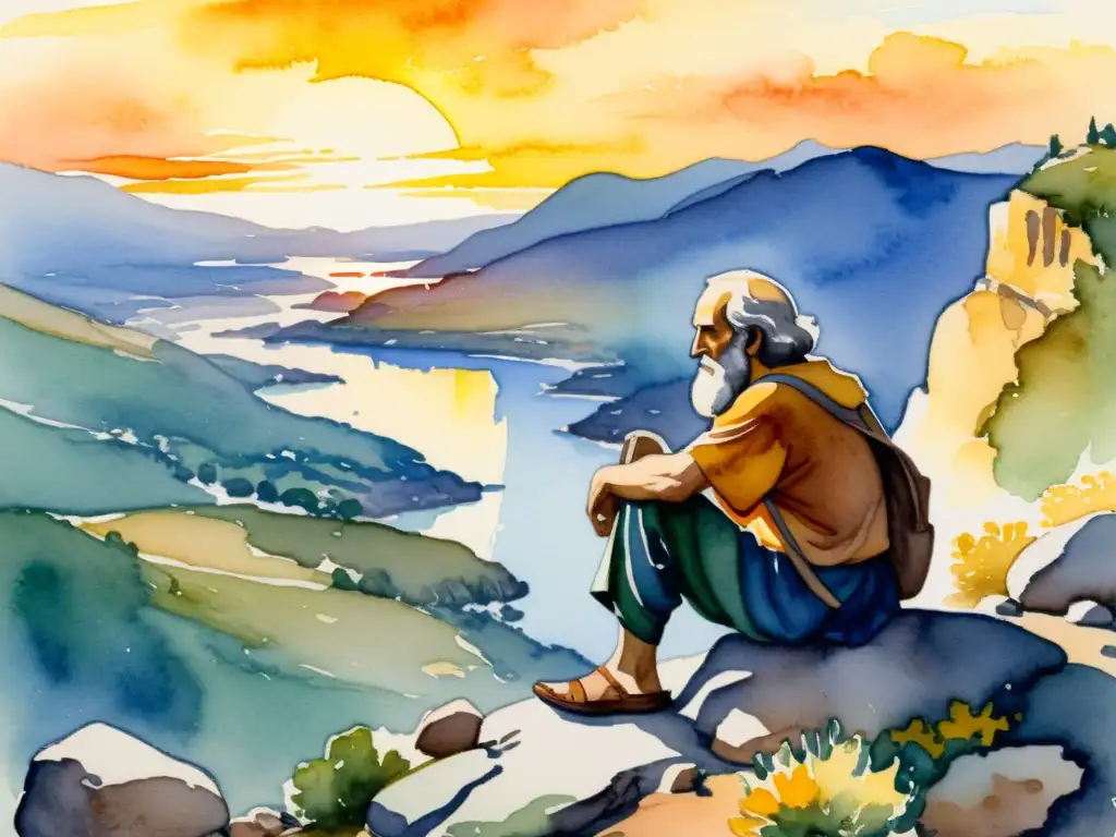 Hermosa pintura al agua de Homero, el poeta ciego, reflexionando en un acantilado sobre un paisaje épico