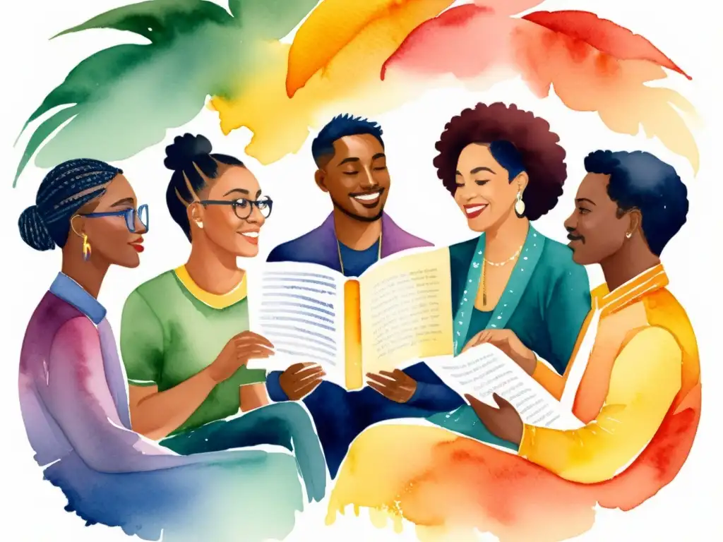Una hermosa pintura acuarela de una diversa y vibrante reunión de individuos LGBTQ+ en una sesión de lectura de poesía
