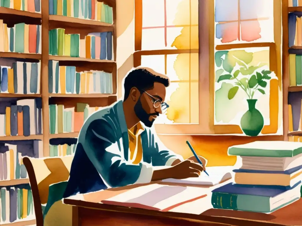 Una hermosa ilustración acuarela de un poeta escribiendo en un escritorio rodeado de libros y papeles, bañado por una cálida luz dorada