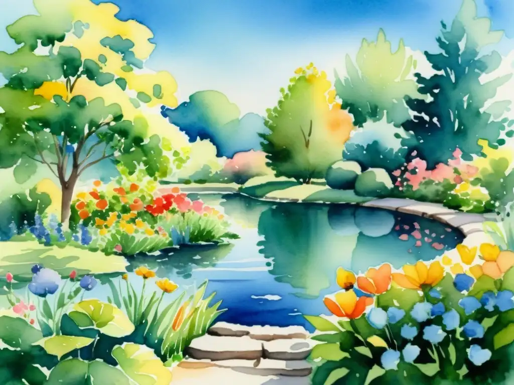 Una hermosa ilustración acuarela de un sereno jardín soleado, con flores vibrantes y un estanque tranquilo reflejando el cielo azul