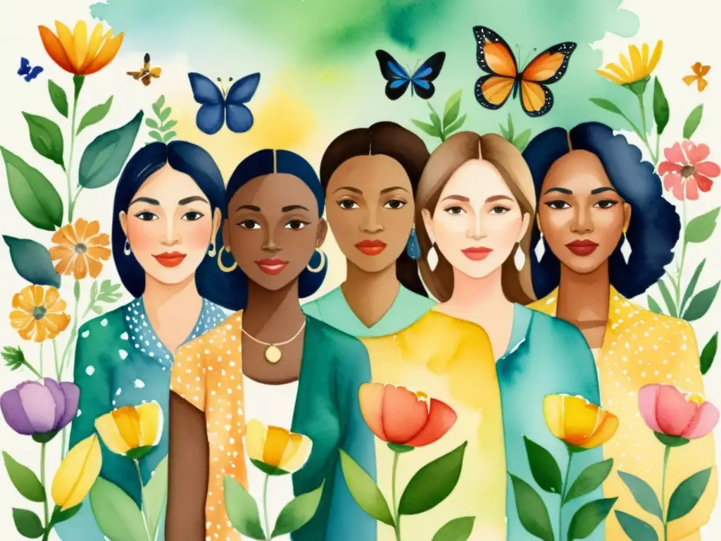 Un hermoso acuarela detallado de mujeres diversas sosteniendo flores que representan su individualidad, en un jardín vibrante