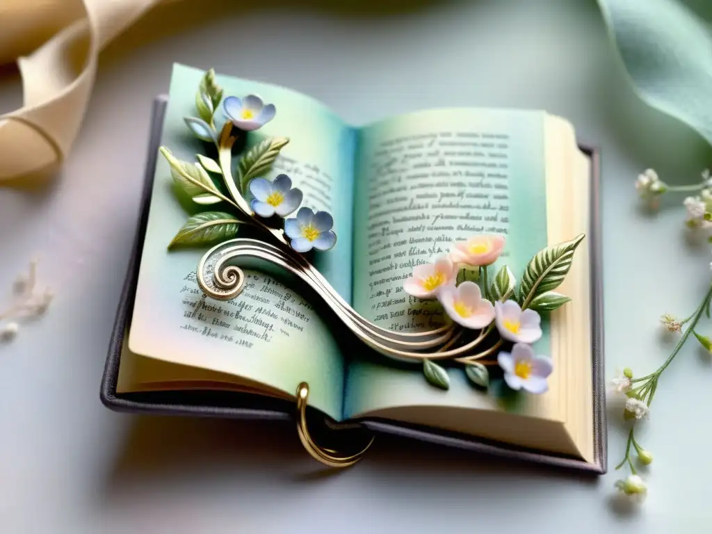 Un hermoso broche plateado en forma de libro abierto, decorado con flores y caligrafía, evocando creatividad y pasión poética