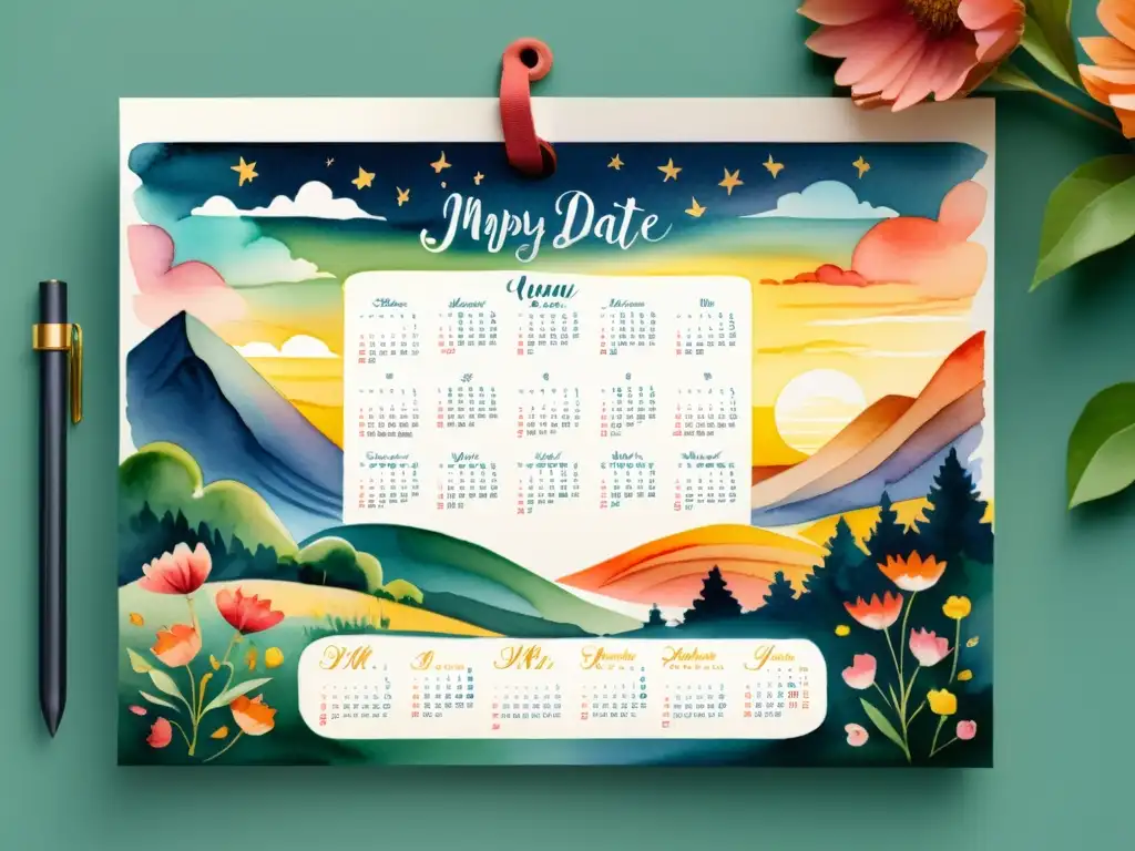 Un hermoso calendario poético con motivos florales y atardecer colorido