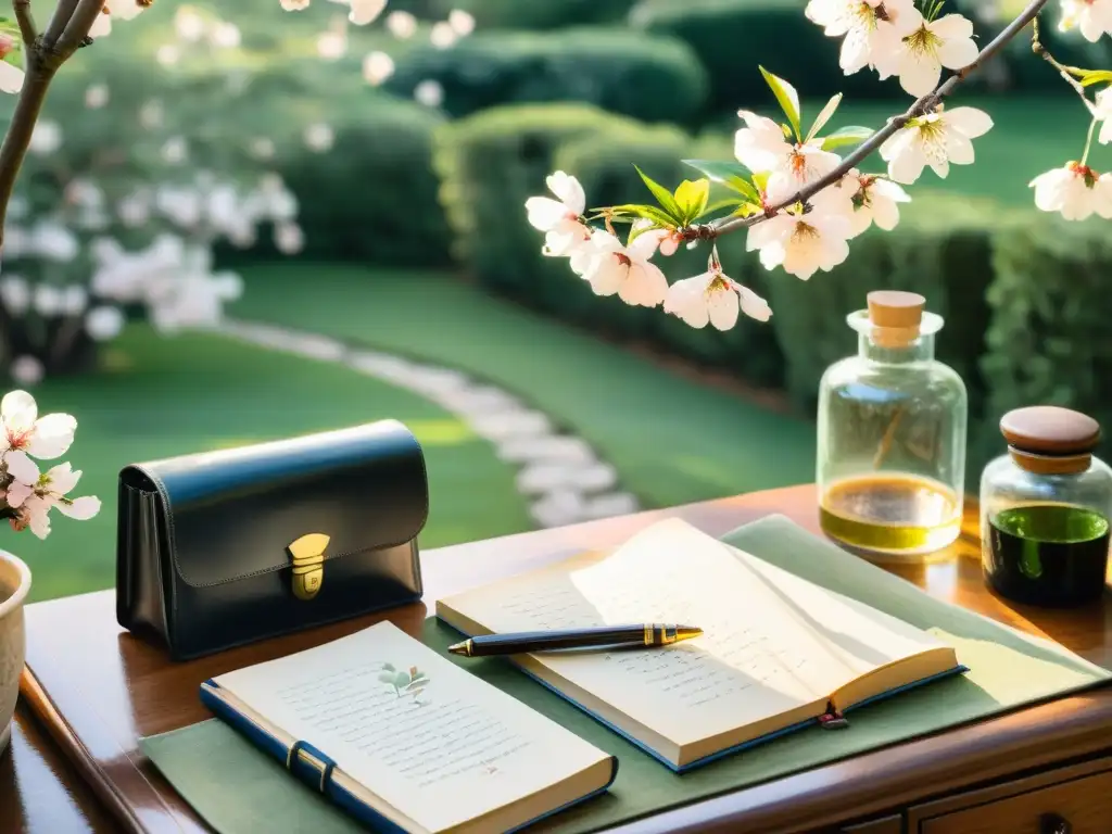 Un hermoso jardín con un camino de piedra que conduce a un taller de escritura poética ingreso bajo un cerezo en flor