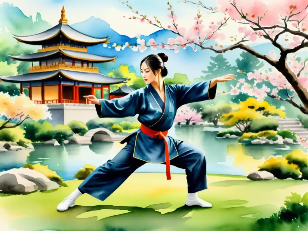 Un hermoso cuadro acuarela de un artista marcial realizando una grácil forma de artes marciales inspirada en la poesía Tang en un sereno jardín con flores de cerezo y una pagoda al fondo