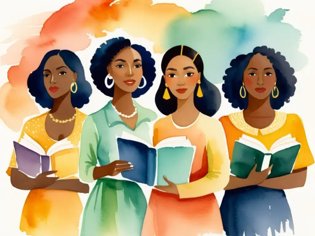 Un hermoso cuadro de acuarela que muestra a un grupo diverso de mujeres sosteniendo libros de poesía, transmitiendo solidaridad y colaboración